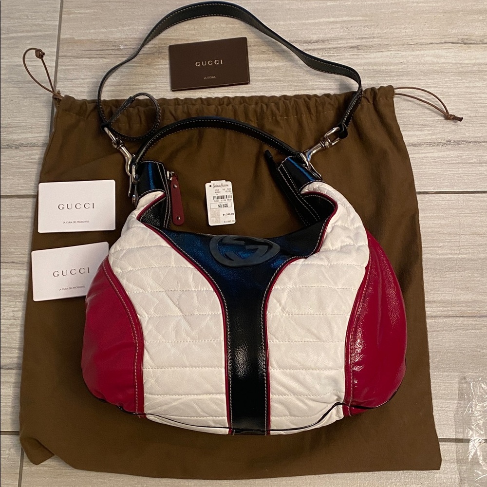 Vintage Gucci leather SNOW GLAM HOBO bag silver hardware  Red, White, and Black